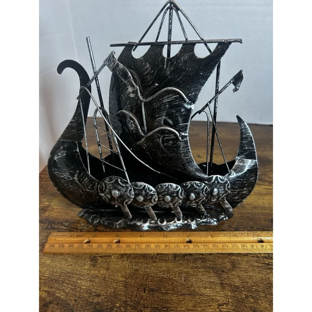 Vintage Black Metal Viking Ship Sculpture Nordic Dragon Boat Home Decor 9.5 Inch